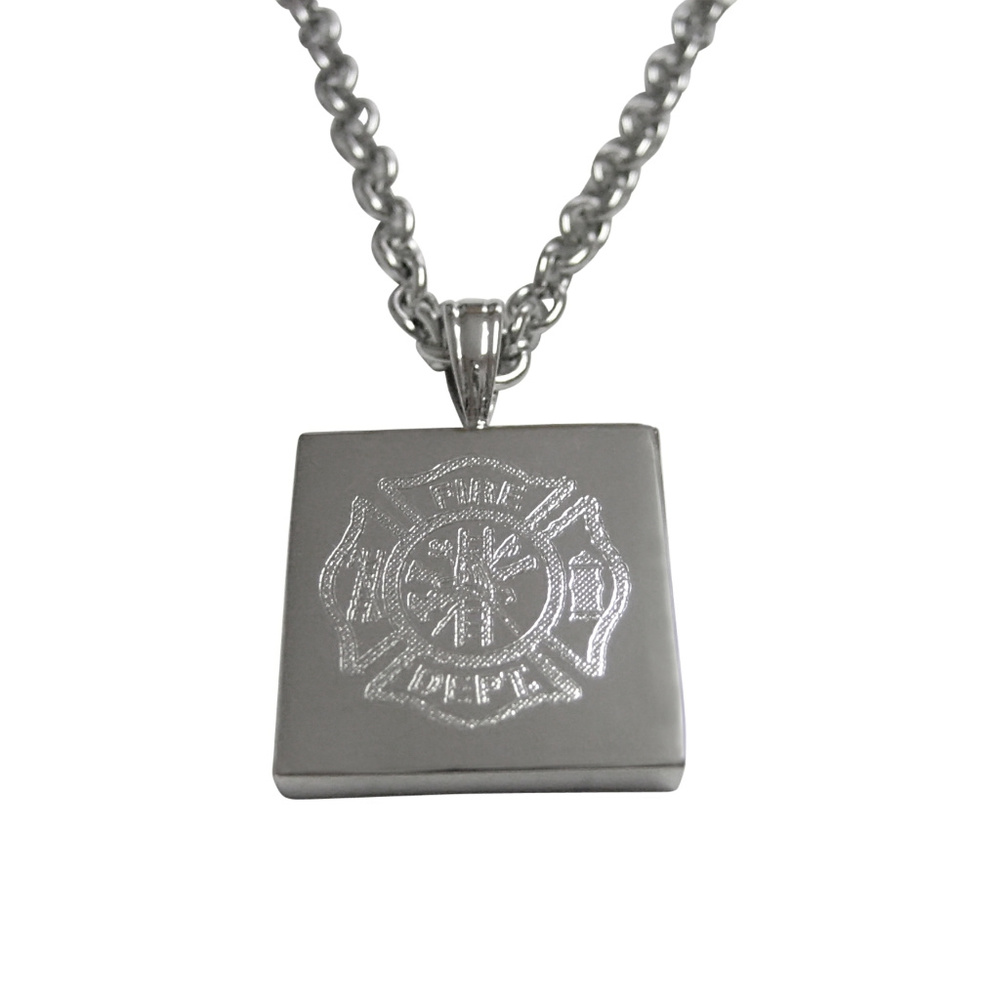 Silver Toned Etched Fire Fighter Emblem Necklace